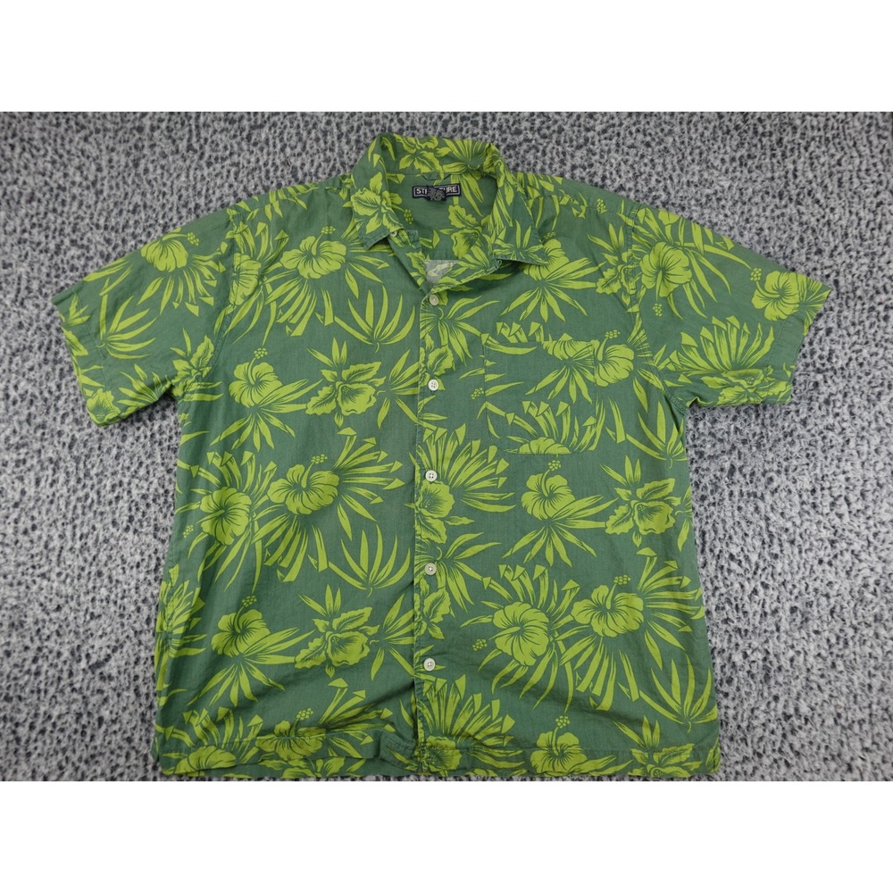 Structure Hawaiian Shirt Mens Large Green Excellent Tropical Hibiscus Cotton SS